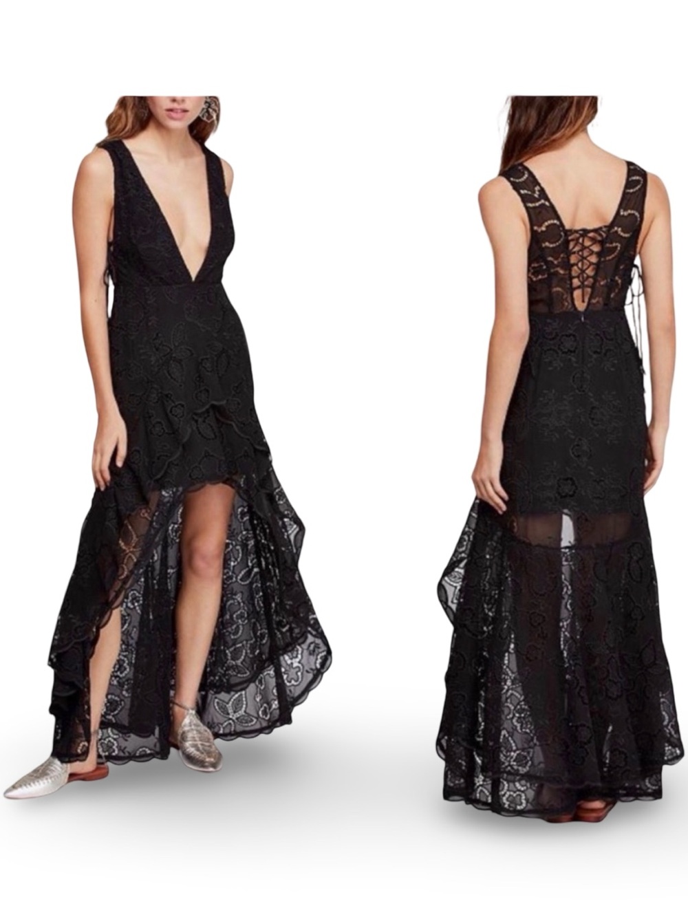 Free People Black Lace High-Low Dress with Side Cutouts, XS